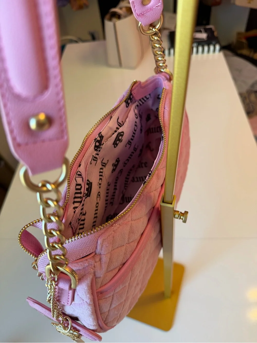 Juicy Couture Pink Velour Quilted Shoulder Bag w/ Heart Mirror & Key Charm gold